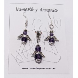 Conjunto Dije y Aretes Ángel de la Guarda Violeta