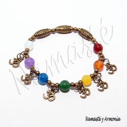 Pulsera 7 chakras y dije OM color Bronce con 7 Piedras. Elástica