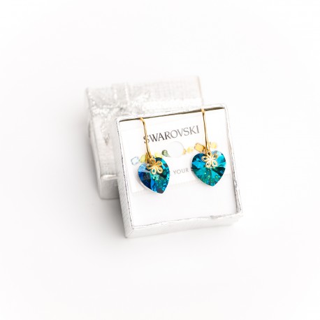 Aretes cristal Swarovski® corazón 14m. Color Crystal bermuda (Azul) Herraje en oro Golfi.