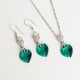 Juego de Dije y Aretes en corazón cristal Swarovski® 14mm. Color Emerald (aguamarina) . Herraje plateado. Cadena 45 cm