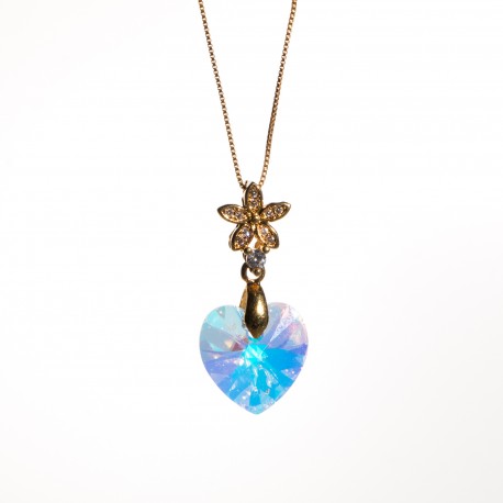 Collar corazón cristal Swarovski® 14mm. Color Crystal AB . Pasacadena y portadije en Dorado. Cadena 40 cm en Oro Golfi.