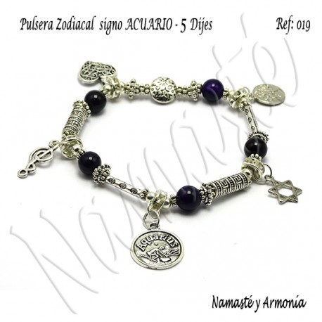 Pulsera Zodiacal Signo ACUARIO. Elástica 5 Dijes. Z019ACUARIO