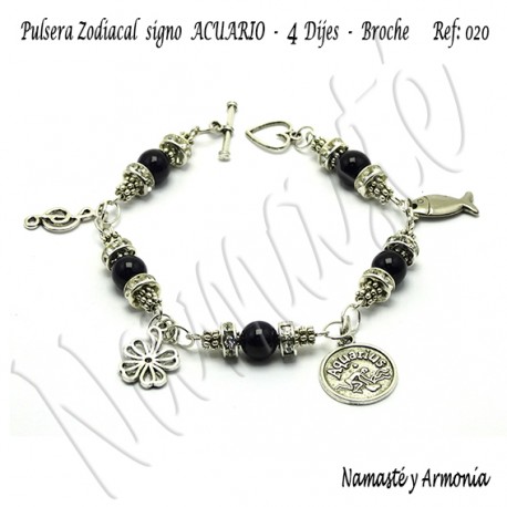 Pulsera Zodiacal Signo ACUARIO. 4 Dijes - Broche. Z020ACUARIO